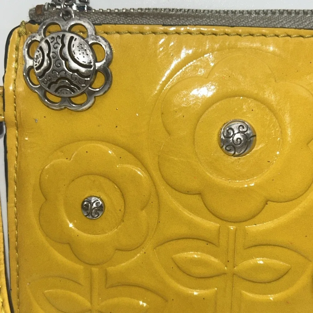 Brighton Yellow Leather Floral Embossed Wristlet Clutch Zip Pouch